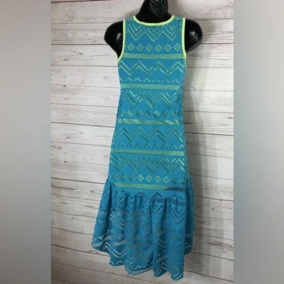 Paper Doll Girl Size 16 or W. Sm Teal Blue & Lime Layered Hi Low BEACH Dress - Picture 4 of 8